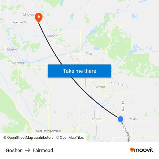 Goshen to Fairmead map