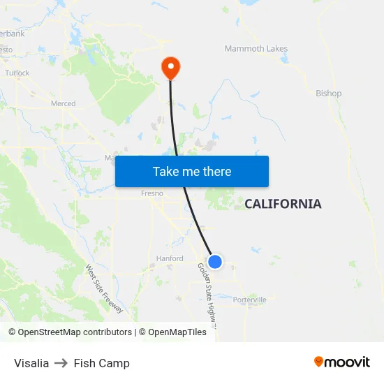 Visalia to Fish Camp map