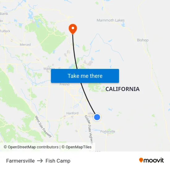 Farmersville to Fish Camp map