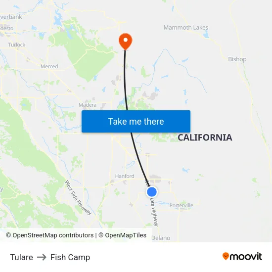 Tulare to Fish Camp map