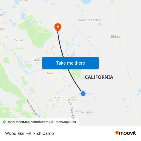 Woodlake to Fish Camp map