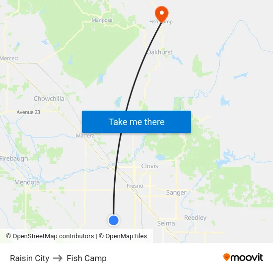 Raisin City to Fish Camp map