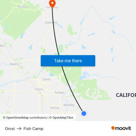 Orosi to Fish Camp map