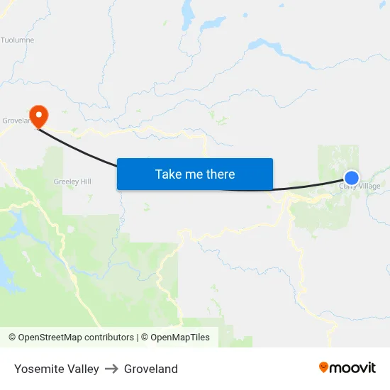 Yosemite Valley to Groveland map