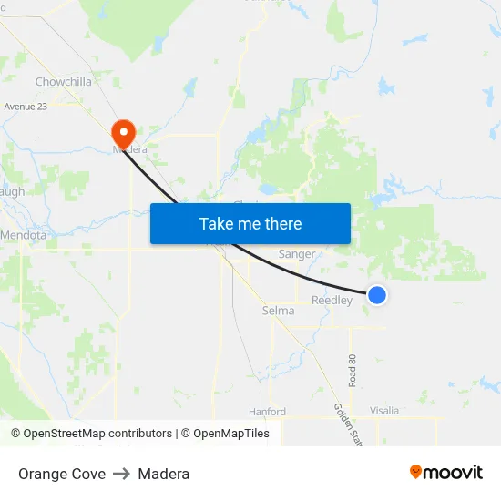 Orange Cove to Madera map