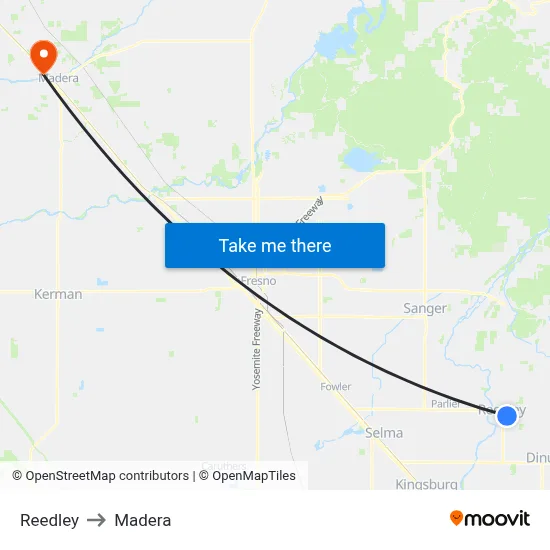 Reedley to Madera map