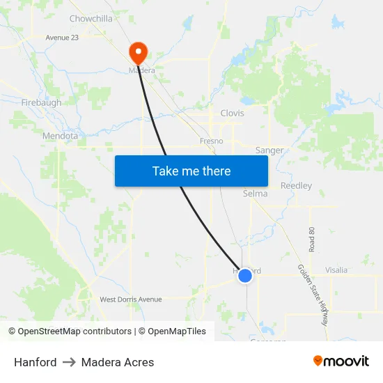Hanford to Madera Acres map
