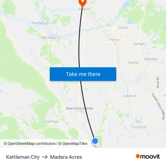 Kettleman City to Madera Acres map