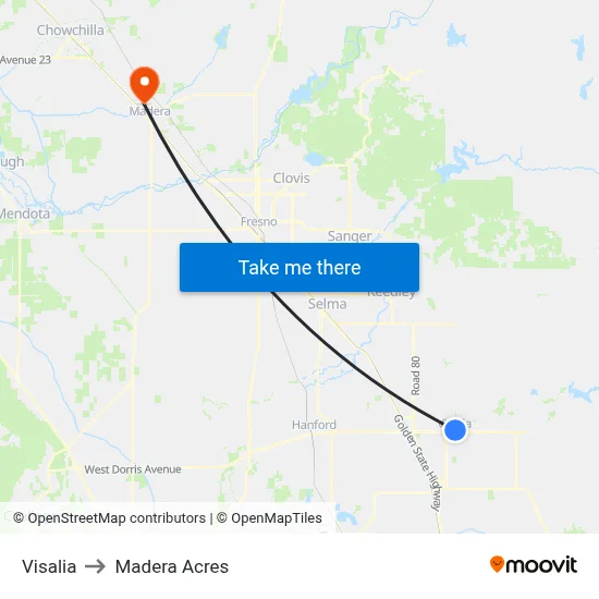 Visalia to Madera Acres map