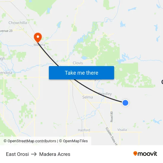 East Orosi to Madera Acres map