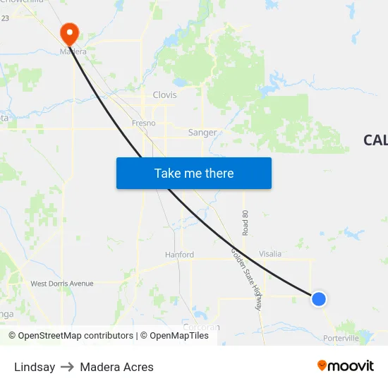 Lindsay to Madera Acres map