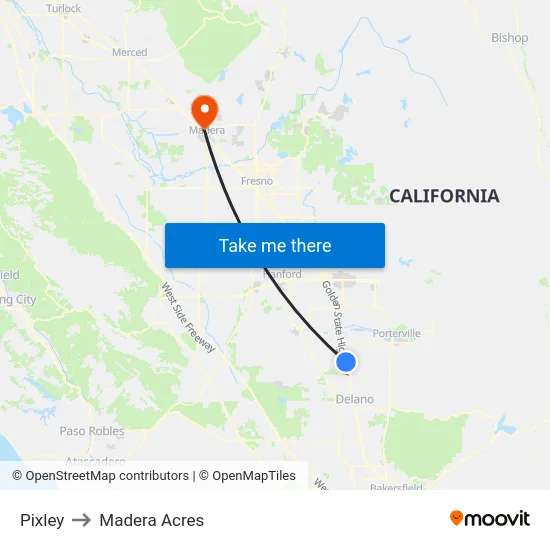 Pixley to Madera Acres map