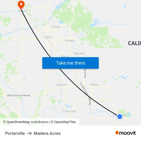 Porterville to Madera Acres map