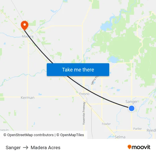 Sanger to Madera Acres map