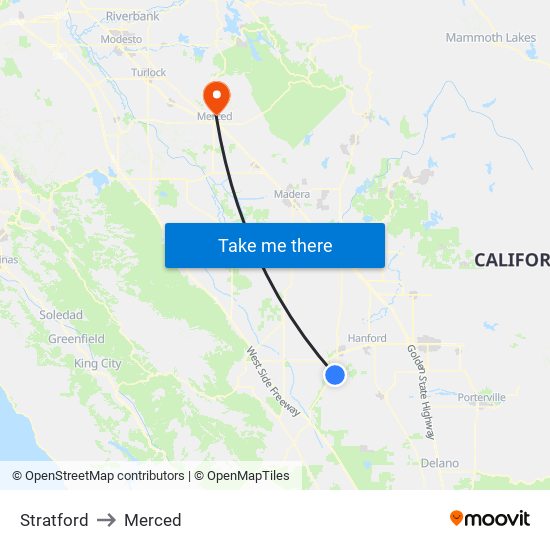 Stratford to Merced map