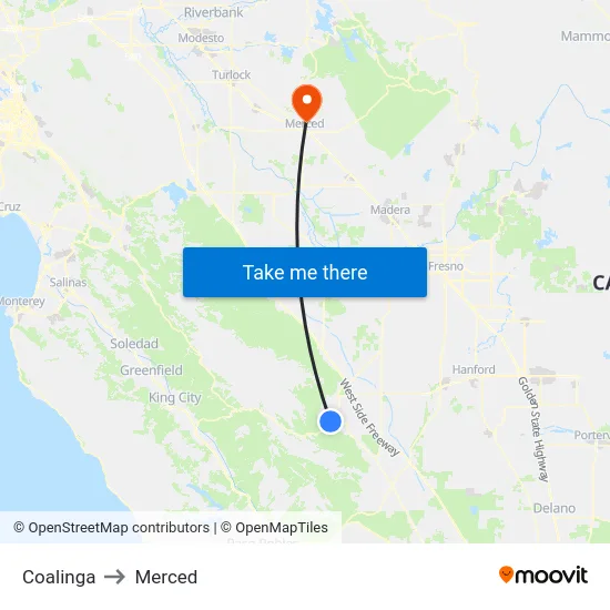 Coalinga to Merced map
