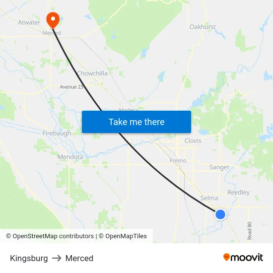 Kingsburg to Merced map