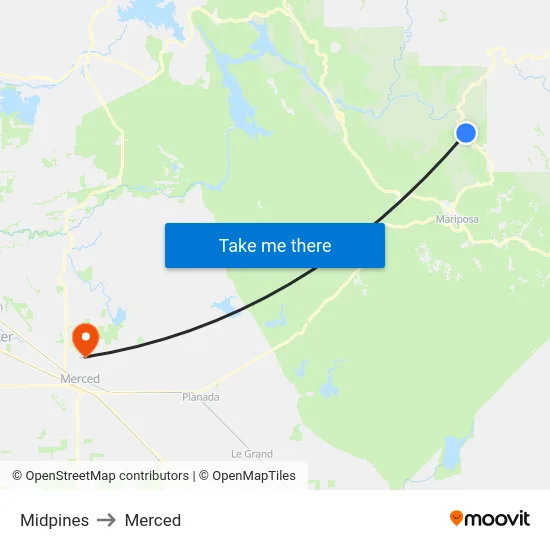 Midpines to Merced map