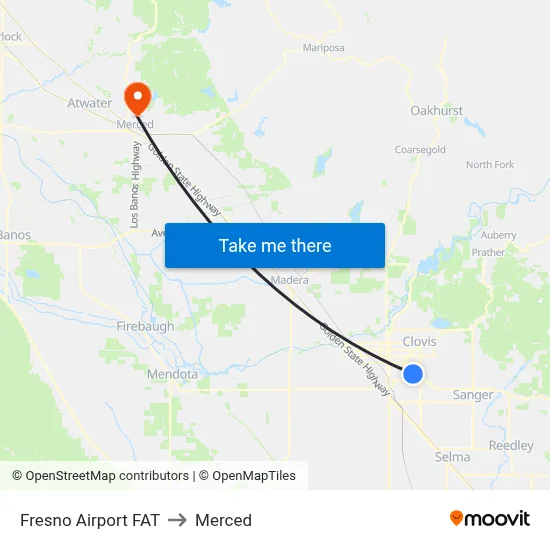 Fresno Airport FAT to Merced map