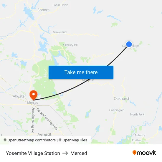 Yosemite Village Station to Merced map