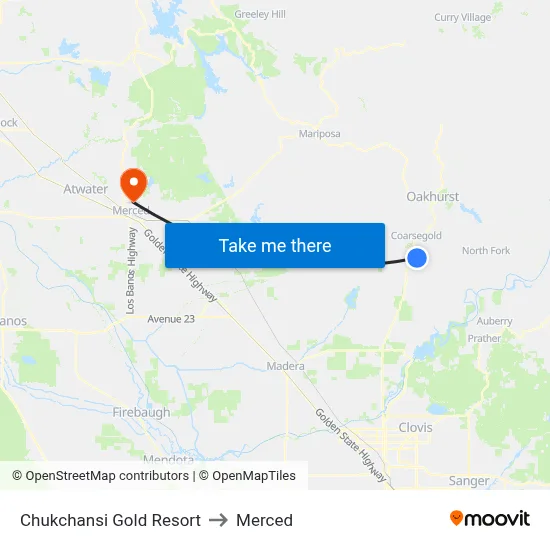 Chukchansi Gold Resort to Merced map