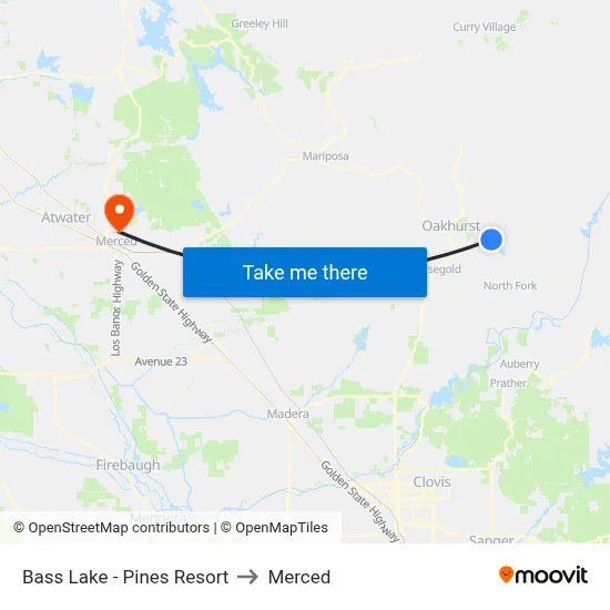 Bass Lake - Pines Resort to Merced map