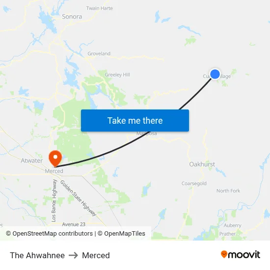 The Ahwahnee to Merced map