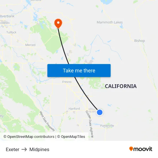Exeter to Midpines map