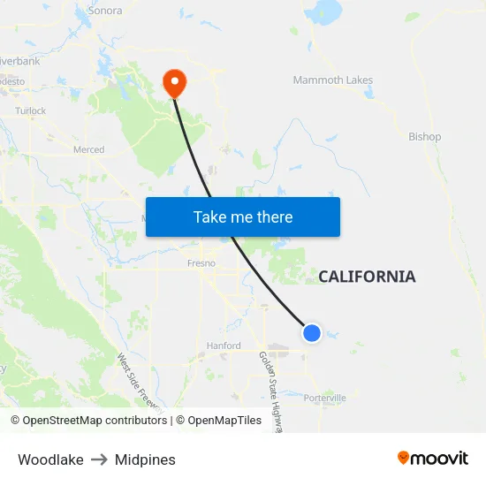 Woodlake to Midpines map