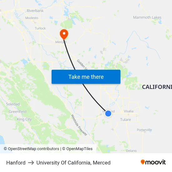 Hanford to University Of California, Merced map