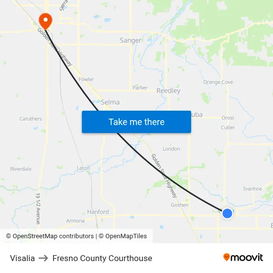 Visalia to Fresno County Courthouse map