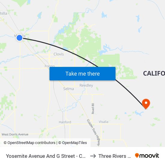 Yosemite Avenue And G Street - Courthouse Park to Three Rivers CA USA map