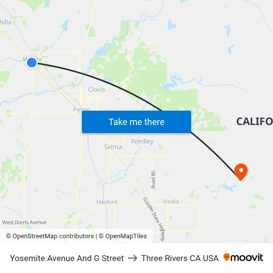 Yosemite Avenue And G Street to Three Rivers CA USA map