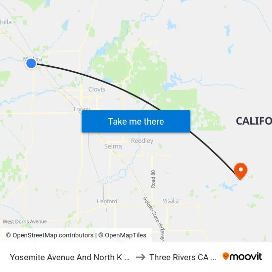 Yosemite Avenue And North K Street to Three Rivers CA USA map