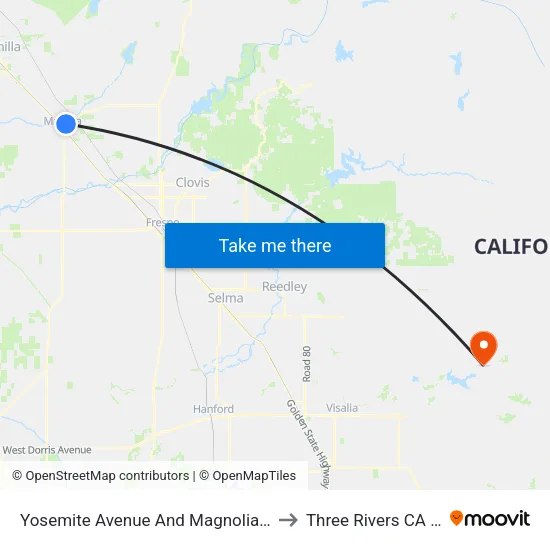 Yosemite Avenue And Magnolia Street to Three Rivers CA USA map