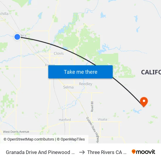Granada Drive And Pinewood Drive to Three Rivers CA USA map