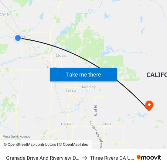 Granada Drive And Riverview Drive to Three Rivers CA USA map