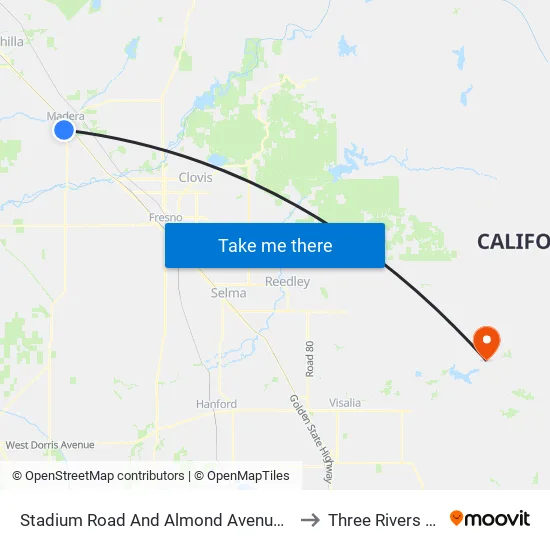 Stadium Road And Almond Avenue (Northbound) to Three Rivers CA USA map