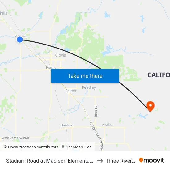 Stadium Road at Madison Elementary School (Northbound) to Three Rivers CA USA map