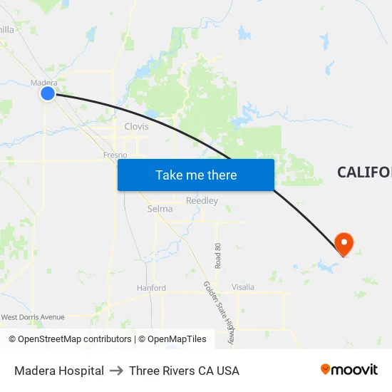 Madera Hospital to Three Rivers CA USA map