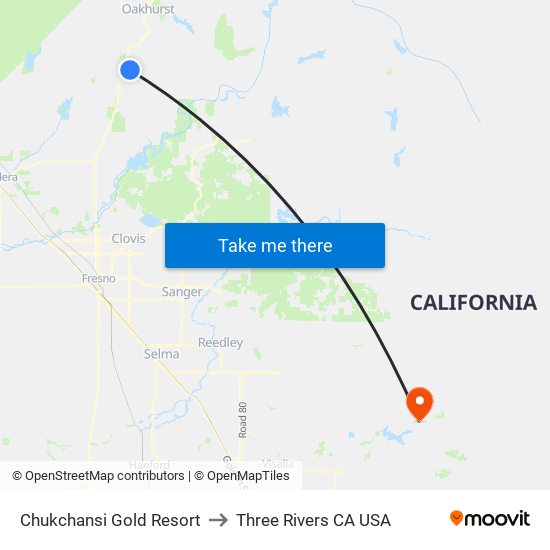 Chukchansi Gold Resort to Three Rivers CA USA map