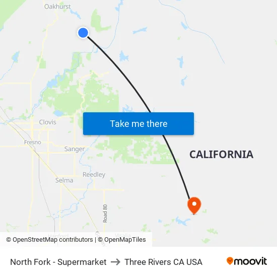 North Fork - Supermarket to Three Rivers CA USA map