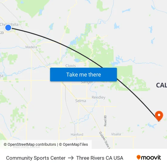 Community Sports Center to Three Rivers CA USA map