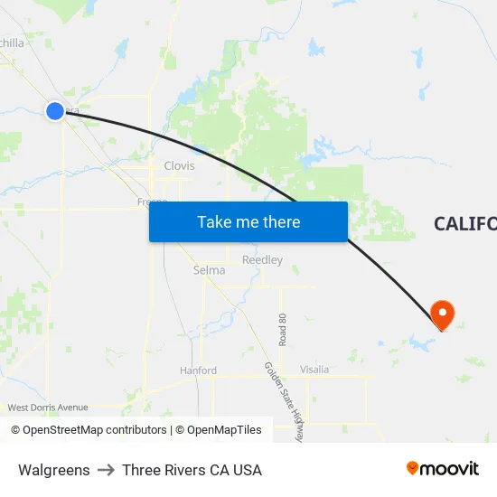 Walgreens to Three Rivers CA USA map