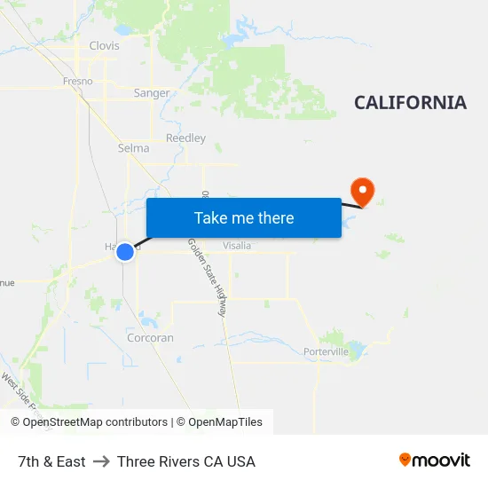 7th & East to Three Rivers CA USA map