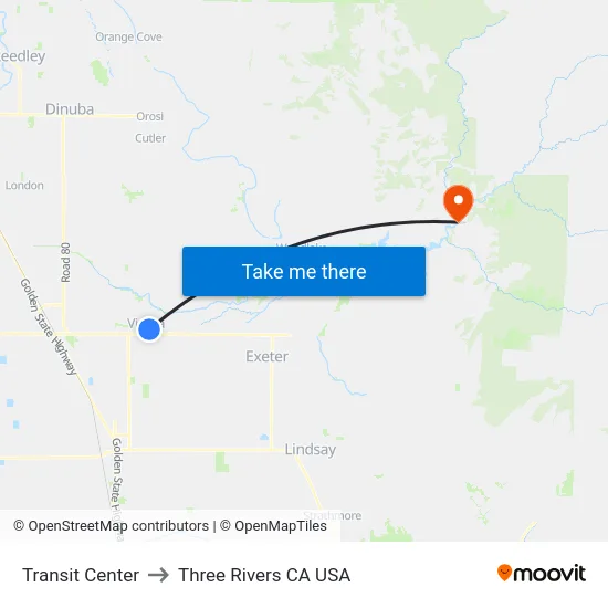 Transit Center to Three Rivers CA USA map