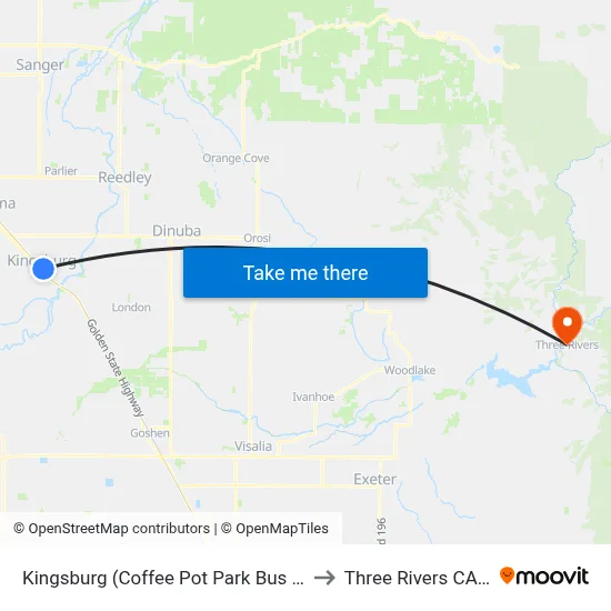 Kingsburg (Coffee Pot Park Bus Shelter) to Three Rivers CA USA map