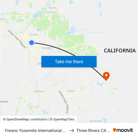 Fresno Yosemite International Airport to Three Rivers CA USA map