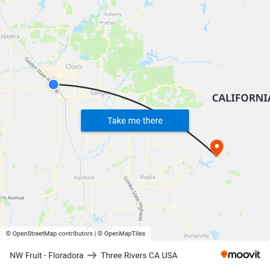 NW Fruit - Floradora to Three Rivers CA USA map