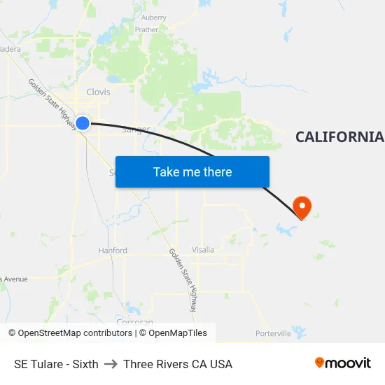 SE Tulare - Sixth to Three Rivers CA USA map